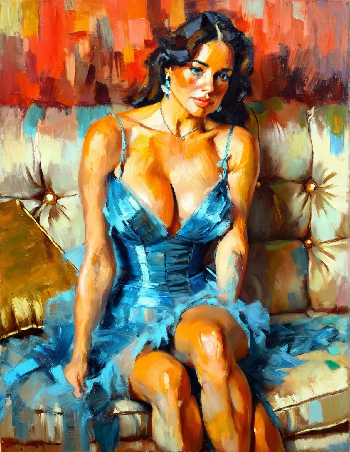 💥💥💥
Impressionist oil portrait of a woman with a blue dress, sitting on a sofa, half dressed, painting sensitive, figurative painting, Eric Wallis, painting of, Eric Wallis, dressed, figurative art, influenced by Eric Wallis