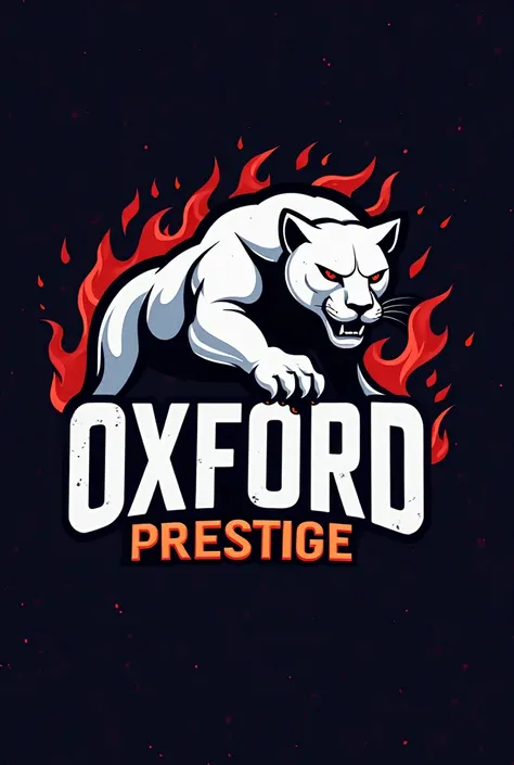 Make a sports logo, that the main image is a white panther with reddish tones as if they were flames of fire and that the main text reads "Oxford Prestige"  with a striking typography 