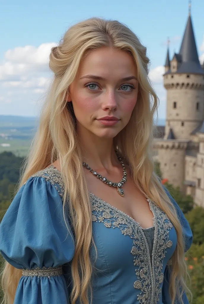 Catharina is an 18-year-old girl with long blond hair and eyes as blue as the clear sky. Your beauty is delicate, but there is something in her eyes that transmits depth beyond her age.  Realistic photo, castle background, clothes, blue dress 