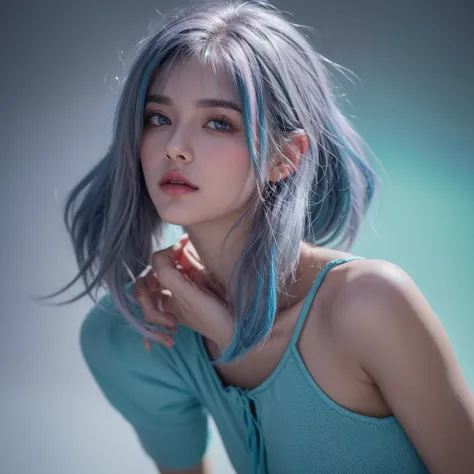 1 Man, High Resolution, solo, short hair, Best Quality, accurate, textured skin, Blue Hair/light blue hair tied at the top, Purple Hair, Gray Hair, pink hair, Grey Hair,  green hair, Pink Eyes,  Bright Eyes , modern, Reality, are cool