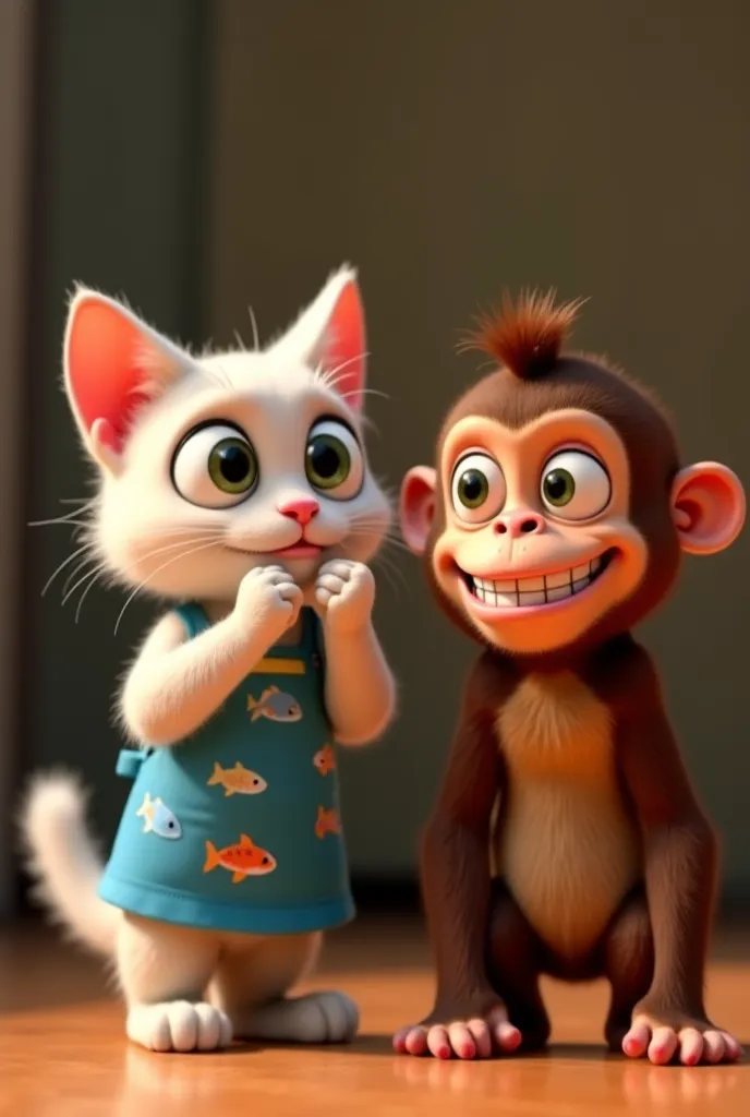 A cheeky brown monkey with wide eyes and exaggerated panting gestures appears in fake panic, complete with his characteristic cheeky grin.

The cat is shown alongside the monkey – her ears perk up in shock as she watches the scene unfold.

Expression (Monk...