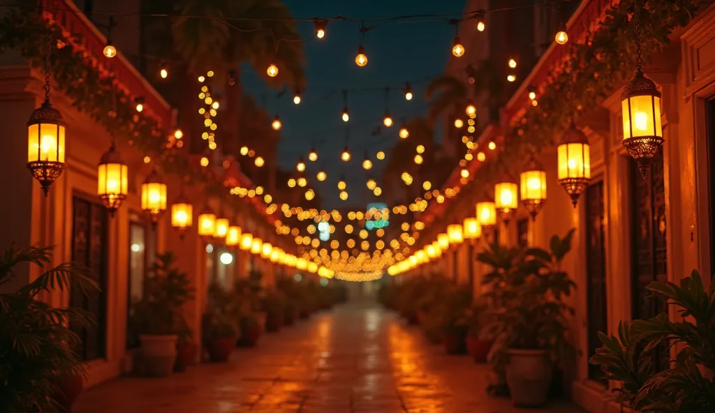 "A cinematic wide shot of a quiet Egyptian street at night, glowing with orange Ramadan lanterns and festive decorations. The camera captures a peaceful, reflective mood, as a soft breeze moves the hanging lanterns gently. The lighting is warm and inviting...