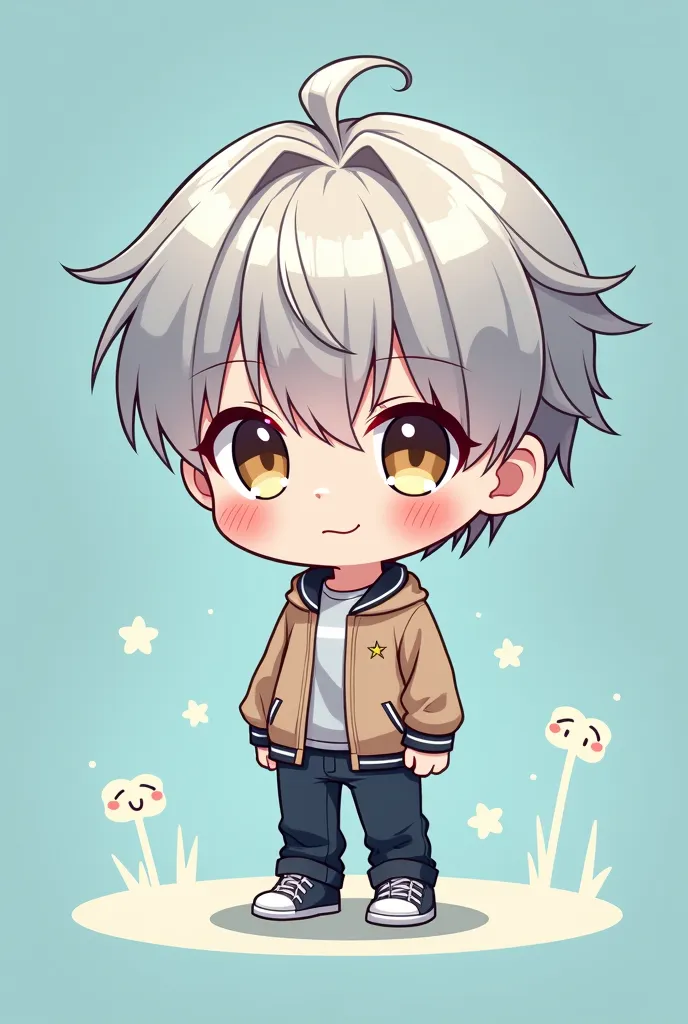 High Resolution,8k,portrait,  chibi style, super deformation,  first half of 30,male、Full Body Image,relaxed posture,Soft Lighting,Natural Skin Tone,Delicate Textures,Elegant Atmosphere,pop art,Digital Art,cute,(1boy ), chibi,full body,deformation,Change y...