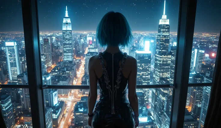 8k, ultra-realistic quality, photorealistic, hyperdetailed, no low quality, extremely intricate details, ultimate detail, hyperrealistic detail, finely detailed skin, cyberpunk world, a lone cyberpunk girl. Standing on a balcony, emerging from her 100th-fl...