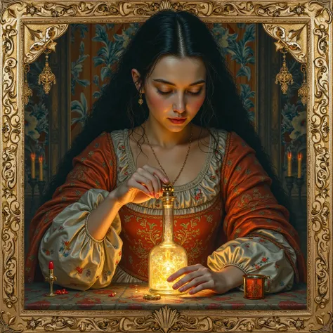 the image in the form of a medieval manuscript painting, A 17th-century Italian woman mixing a mysterious liquid in a small glass vial, with a dark, ominous glow coming from inside..gold borde