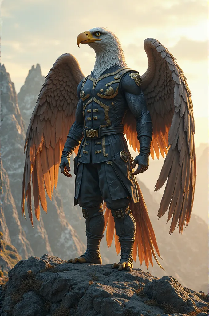 Create an image of a creature that is a fusion of a Marine and a Bald Eagle on a rocky mountain at dawn. The creature has a human body structure, with powerful Bald Eagle wings extending from its back. Its face is a combination of Marine and Eagle features...