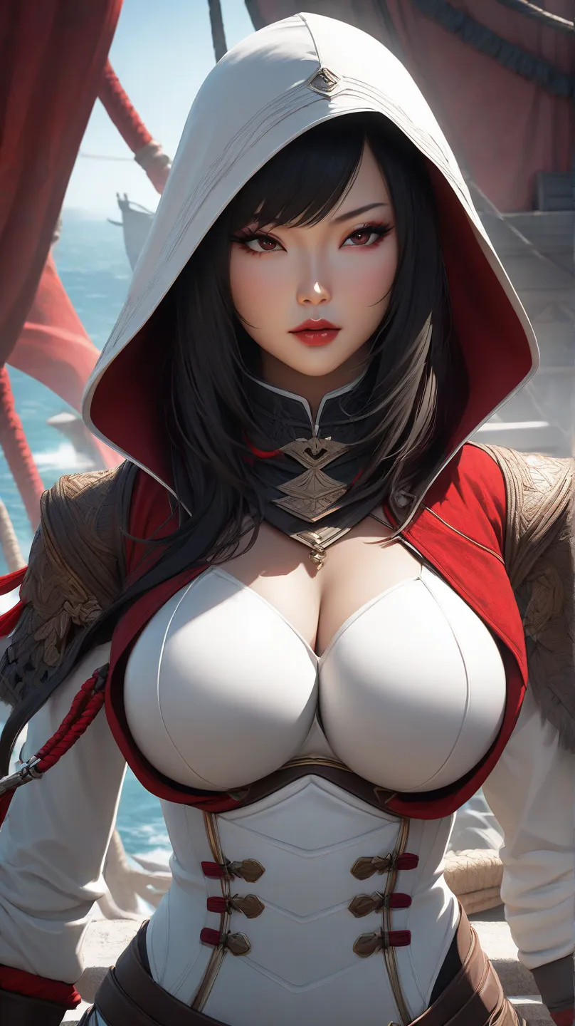 Asian woman with brown skin big boobs white latex clothing with red details dressed as pirate Assassins Screed 4 gigantic breasts)
