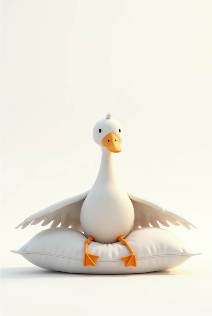 a goose is sitting on a white pillow, legs extended, the fins are spread out. hold your heels with wings,  animation