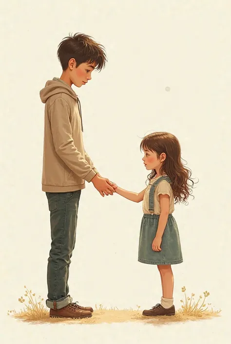 A boy stands up to hold a girl's hand. The picture looks like an original human being as original.