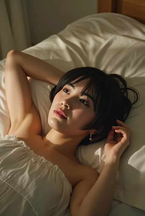 bedroom,on the bed,Naked Suzu Hirose, lie on your back,crying face,Masturbation Act