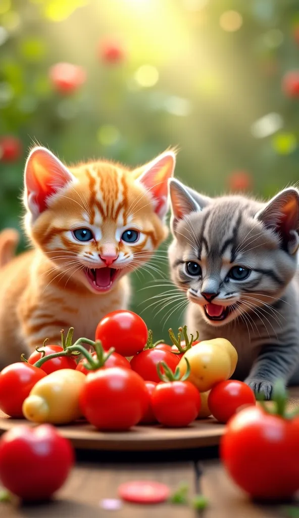 Orange kittens are eating🍅🍅🍒🥔and gray kittens are eatingHappy