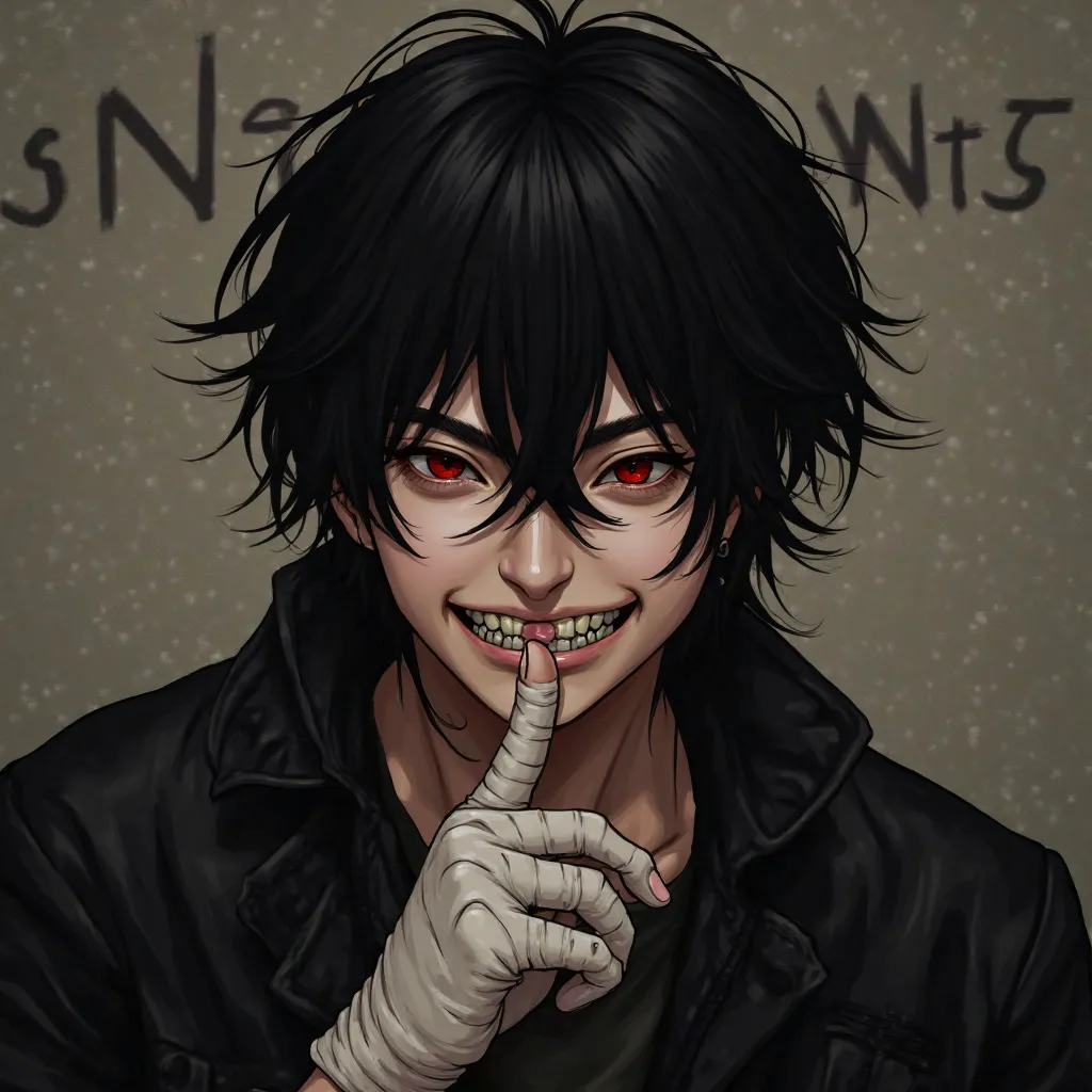 Line up drawing, grim, Korean grins cheekily, Medium short hair, that fall in his face, His hands are bandaged, He keeps a finger in front of his mouth, in the background is written Snexy Saints 