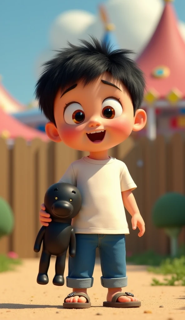  a boy with a round face,  big expressive eyes, short black hair, wearing a white t-shirt , blue pants ,  and sandal ,carrying a black doll   .The background presents a simple amusement park with some crops and a wooden fence.pixar 3d style