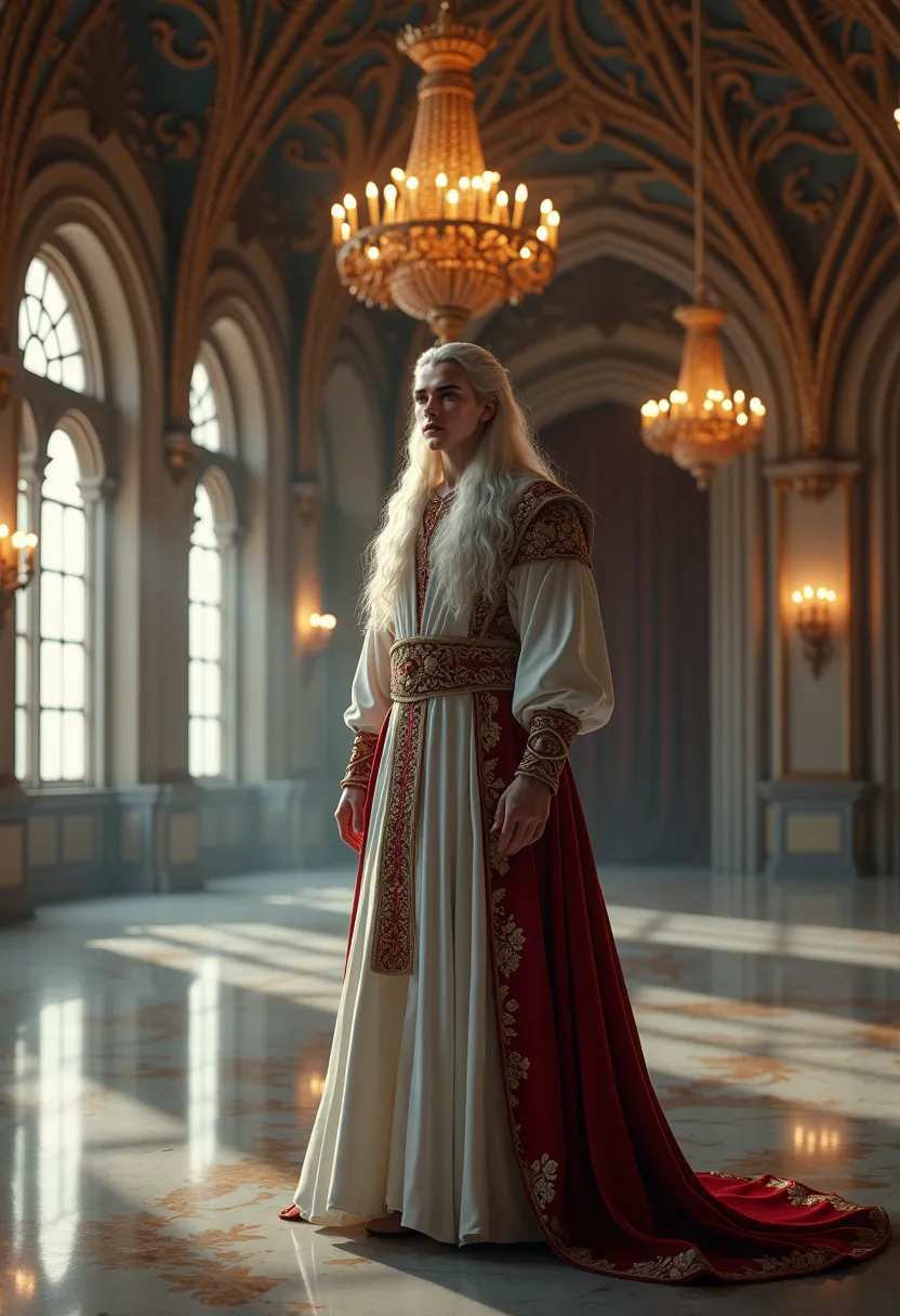 Rhaegar Targaryen is in a medieval ballroom, She's wearing white clothes with red, her long hair moves with the wind.