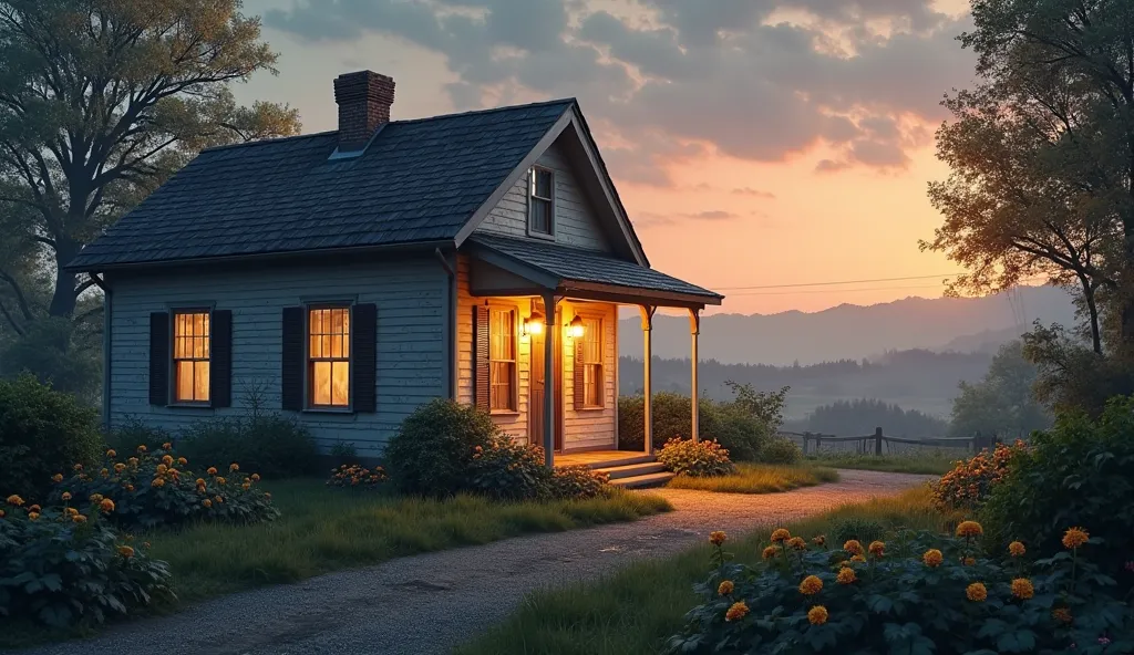 Photorealistic, a simple house with a small garden in front of it, the atmosphere is still dark during the dawn only illuminated the garden lights and the lights of the house.