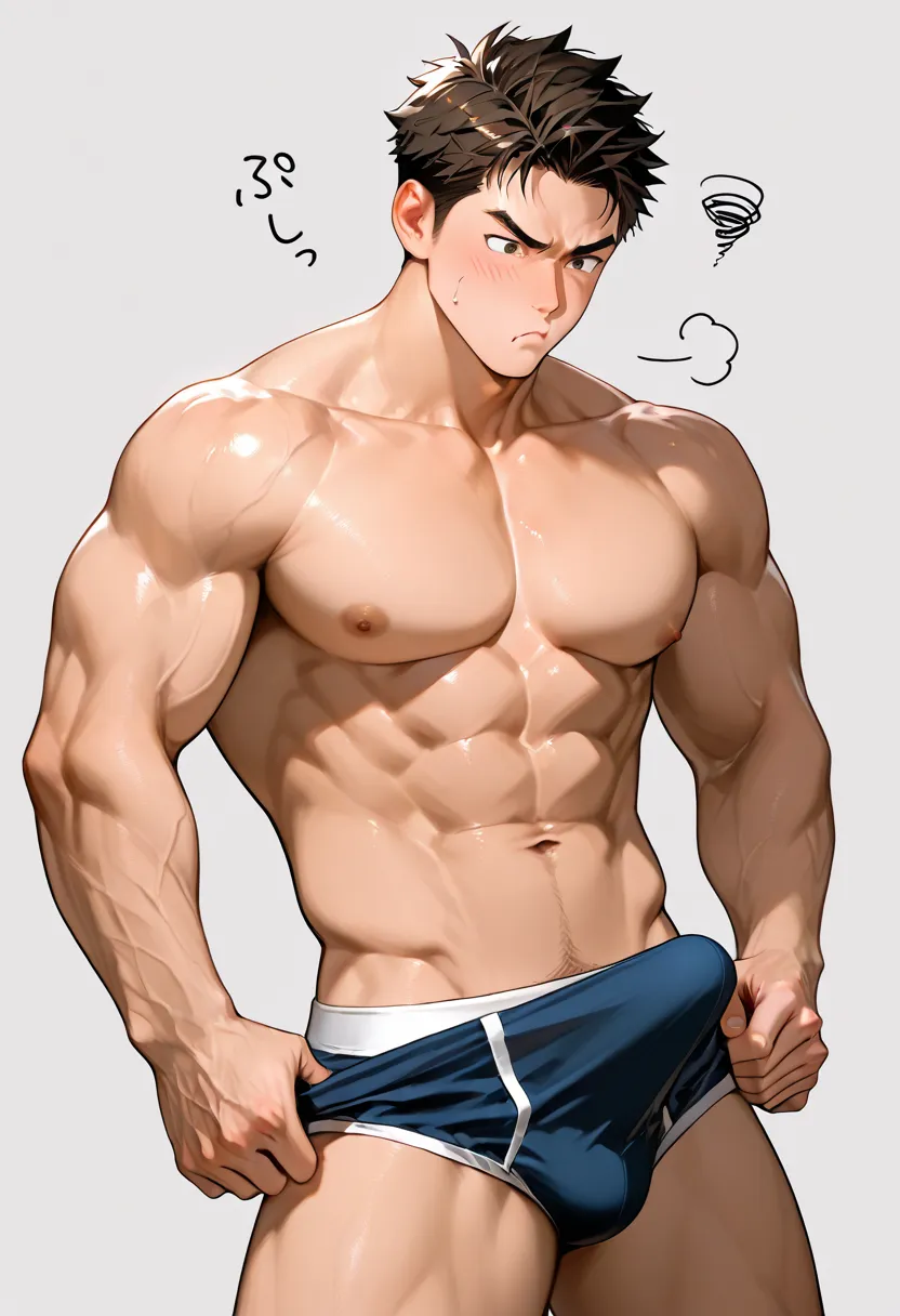 a young muscular man has an erection in his underwear, pouting expression
