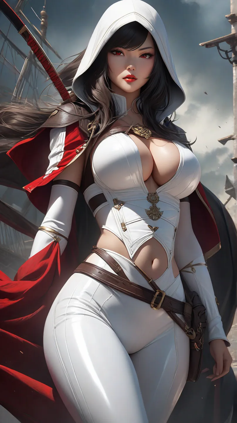 Asian woman with brown skin big boobs white latex clothing with red details dressed as pirate Assassins Screed 4 gigantic breasts)
