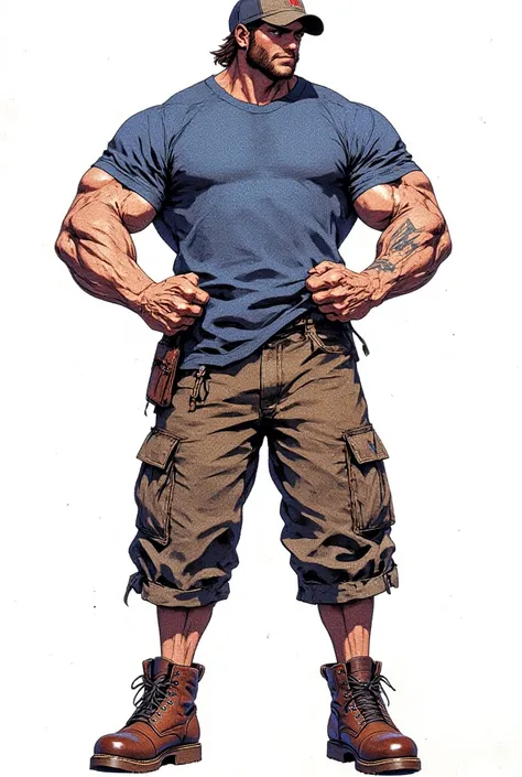 Muscular man Very very high too high is too high  in blue t-shirt and long shorts with work boots and brown shoes With short socks With baseball cap Loose fit t-shirt Loose T-shirt Loose T-shirt Knee-length shorts Full body Full body Full body Full body Fu...