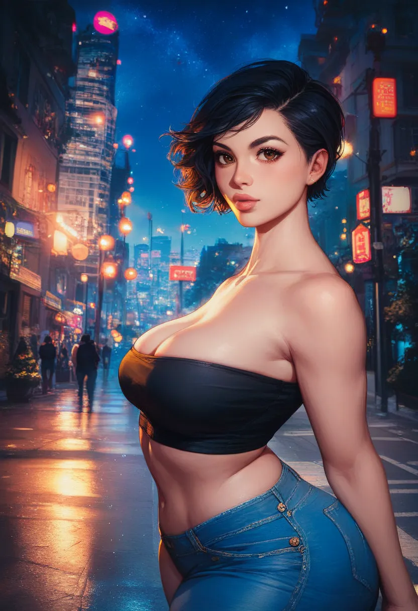 perfect body, black hair, short hair, black thin eyebrows, brown eyes, black eyeliners, nose, thick lips, collarbone, cleavage, medium breasts, black tube top, blue denim jeans, short jeans, (thick thighs:1.3), (standing), ((night sky, new york city, stree...