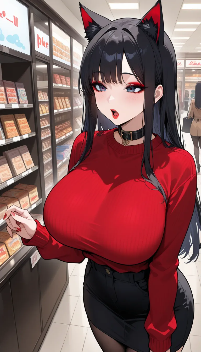 pure， cute girl，Baby Face， is well-shaped，, short stature ， Big Breasts ，with long black hair， red lips，Half open mouth，Eyeshadow， collar，Cat ears，Take my hand，Wearing a red sweater，shop，Shopping Street