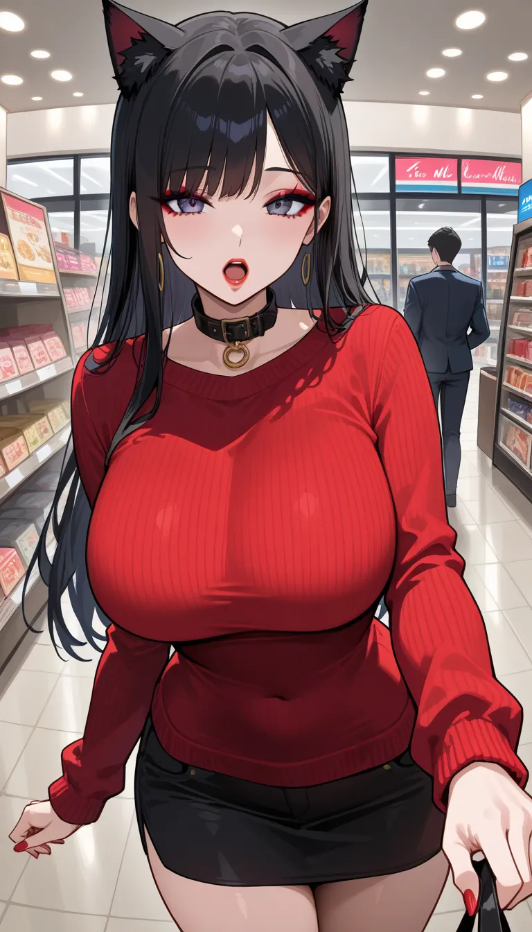 pure， cute girl，Baby Face， is well-shaped，, short stature ， Big Breasts ，with long black hair， red lips，Half open mouth，Eyeshadow， collar，Cat ears，Take my hand，Wearing a red sweater，shop，Shopping Street