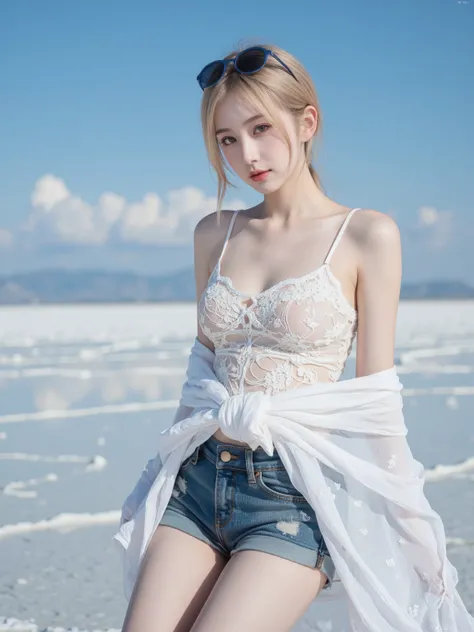 Japanese girl 22 years old, Captured during the noon hour in a vast salt desert, this photograph showcases the mesmerizing reflection of the deep blue sky on the glistening sand. A young Japanese girl 18 year old, blond wispy bang hairstyles, dressed in a ...