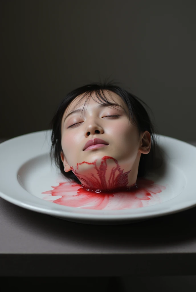    to place the head of a decapitated woman , Asia,   less bloodstains    , ((  Eyes closed )),    like a dish on a plate  , Bloody,  actual , 4K, Nikon, fear