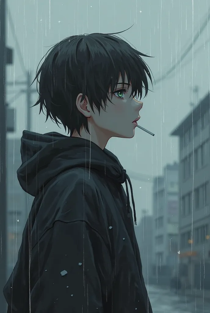 An anime-like character, falling some thoughtful rain while smoking, But what is it man, The greyest sky, in solitude 