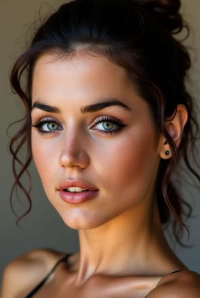 Beautiful Latin woman with features inspired by Jessica Alba, symmetrical face and soft skin, honey-colored eyes with an intense shine, long curly lashes that frame her seductive look. A small mole near the mouth highlights her unique beauty. Dark brown ha...