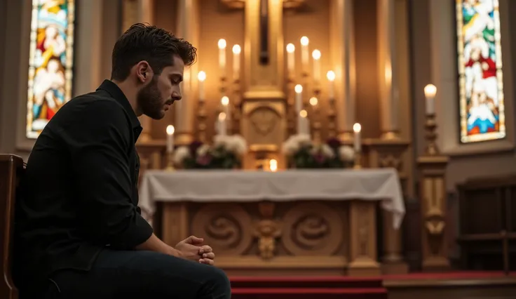 A handsome man with well-defined features sits slightly away from the camera beside a grand altar, his eyes closed and head bowed in deep prayer. The background, captured with a realistic high-resolution bokeh effect, softly blurs an ornate golden cross mo...