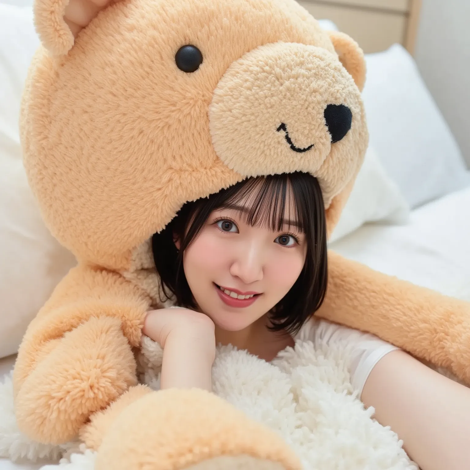 「A playful Japanese woman with a mischievous smile peeks her face out from the mouth of a giant stuffed animal. The stuffed animal is soft and colorful, resembling a cute, oversized bear or lion. The woman has dark, straight hair and is wearing casual, fun...