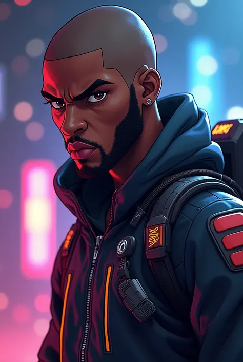 ISFP Twitch streamer, half African American male, athletic, short groomed beard, wearing jet pack wings and helmet, shaved head, gamer, dark brown eyes, Character Design, Unreal Engine, Anime Style