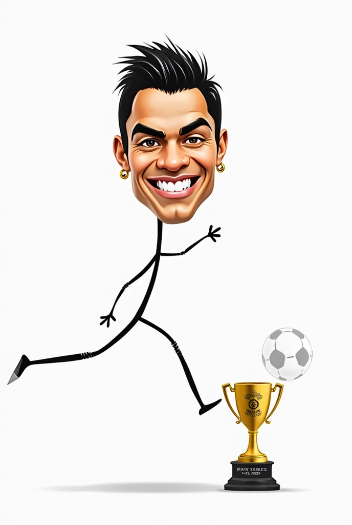 A black-and-white stick figure representation of Cristiano Ronaldo kicking a long-range shot into a goal while a trophy labeled 'Puskás Award 2009' floats nearby. His stick figure body is simple, but his face is a caricature with exaggerated features: a la...