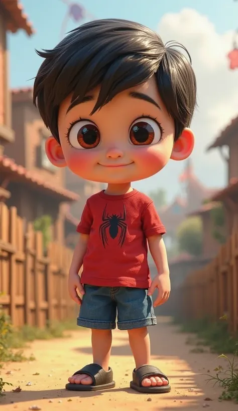  a boy with a round face,  big expressive eyes, short black hair,  wearing a red t-shirt  ,  shorts blue ,  and sandal ,Loading Spider-Man    .The fund features a simple amusement park with some crops and a wooden fence.pixar 3d style