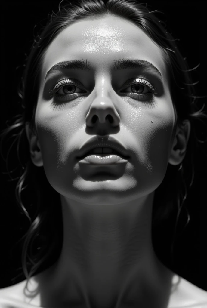  cool atmosphere without pores, detailed face and eyes,  looks up,Direct sunlight shining from directly above, Dark background,  ((monochrome)), Photorealistic, cinematic composition, very detailed