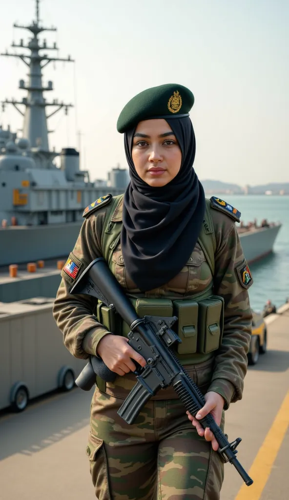 A stunning 20-year-old Pakistani female special forces naval officer strides forward with confidence at a Pakistani military naval base, embodying both strength and grace. Her captivating face, with striking yet elegant features, exudes determination and p...