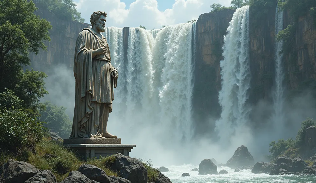 23. A colossal waterfall cascading over a statue of Marcus Aurelius, eroding its surface but unable to erase its essence -- majestic, nature-integrated, ultra-HD  
