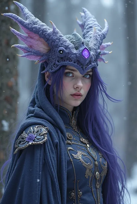 A person with gray pupils in the left eye and purple pupils in the right eye，There are long, crystal-like dragon horns on the head，Wings open like an eagle，WEAR AN AURORA-LIKE OUTFIT，And a cloak like the sky