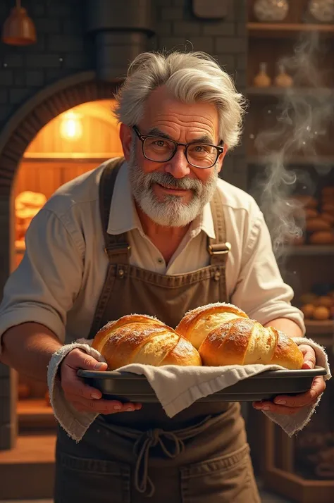 A baker wearing glasses takes bread out of the oven