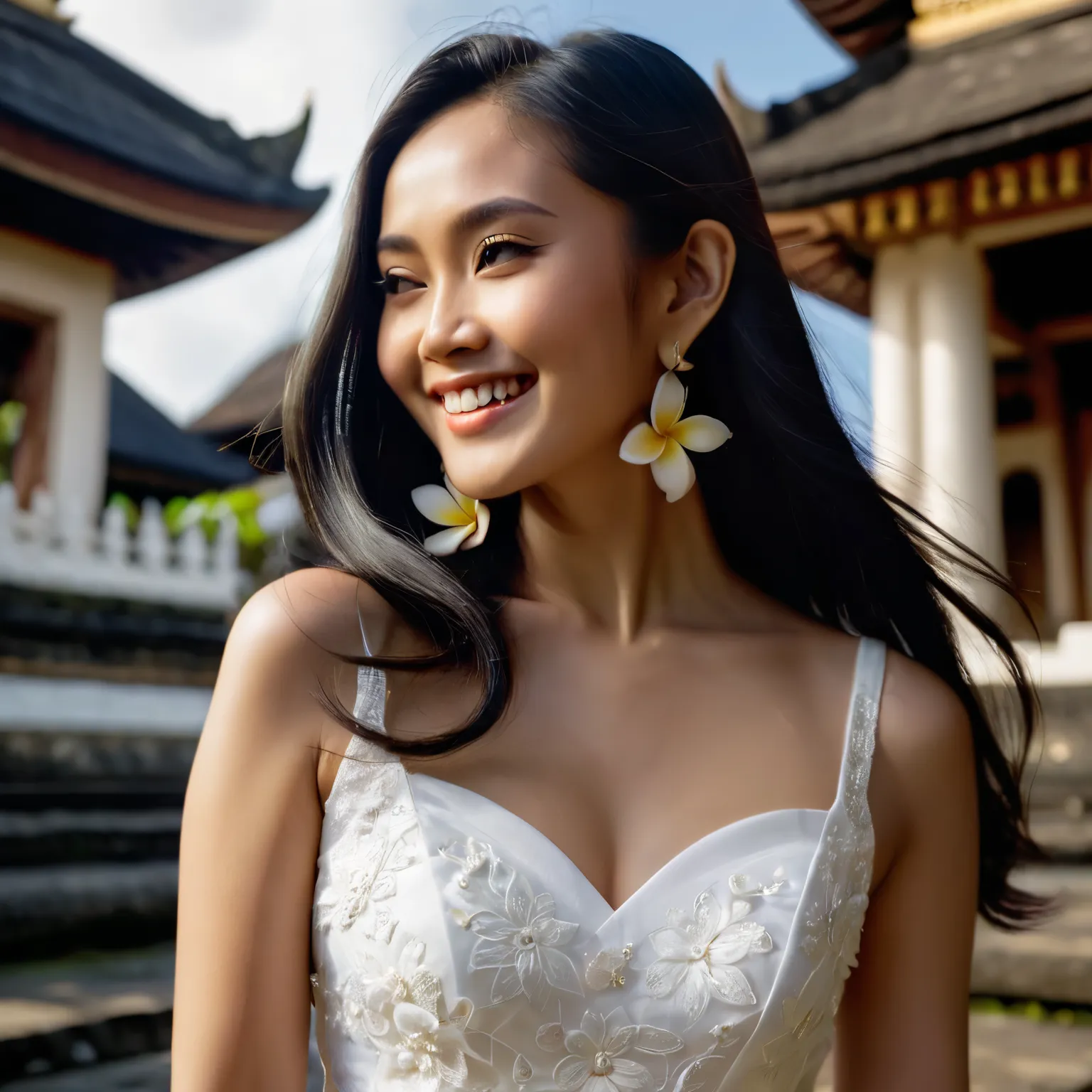 close-up photo shoot, Asian girl, flowing long black hair, smiling, dressed in white kebaya Bali, frangipani flower on her ear, bare foot, standing confidently, Bali temple background. dramatic, cinematic lighting.