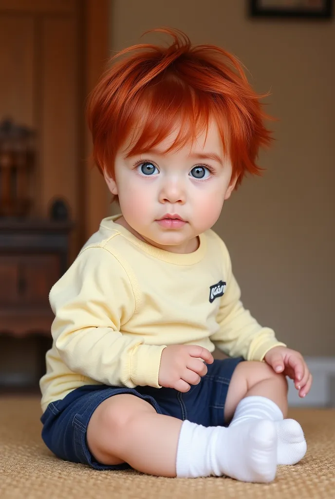 Two babies, A 18 months old boy sitting, he has blood-red hair, messy hair, expressive, striking light blue eyes, asian eye shape, fair skin. Wear a pale light yellow long sleeve shirt, dark blue shorts, White socks. next to him is a 7 months old baby girl...