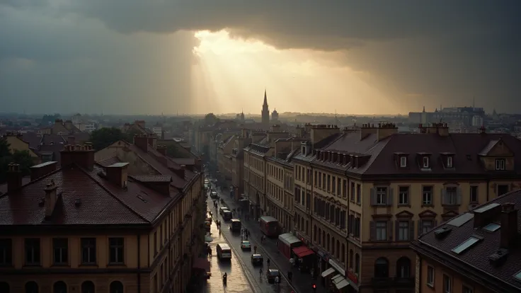 A light rain begins to fall over a European city in the 1980s. Dark rain clouds stretch across the sky, and bright rays of sunlight can be seen breaking through, casting a golden glow on the rooftops. Below, a dense cityscape of historic buildings, narrow ...