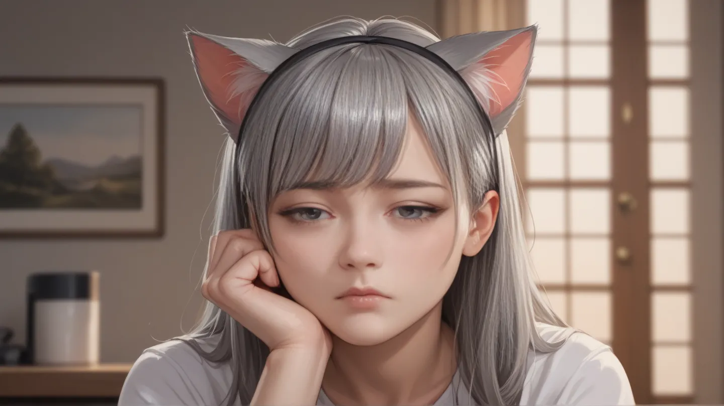 Realistic asian girl, have a long grey hair with cat ears, The face looks tired, sad, thinking about work, and being the first 