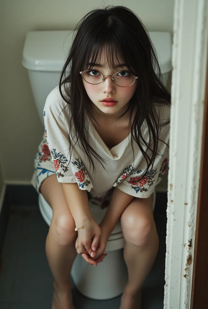 (( top quality)), ((傑 top quality、 Masterpiece、High sensitivity、 high resolution、 detailed depiction of up to the front door、 delicate face with a playful smile))Slender Woman、Glasses、Eye patch、 sitting on the toilet 、