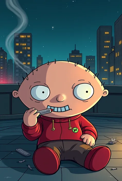 Stewie griffin with diamond grills on smoking a blunt on a roof top at night 