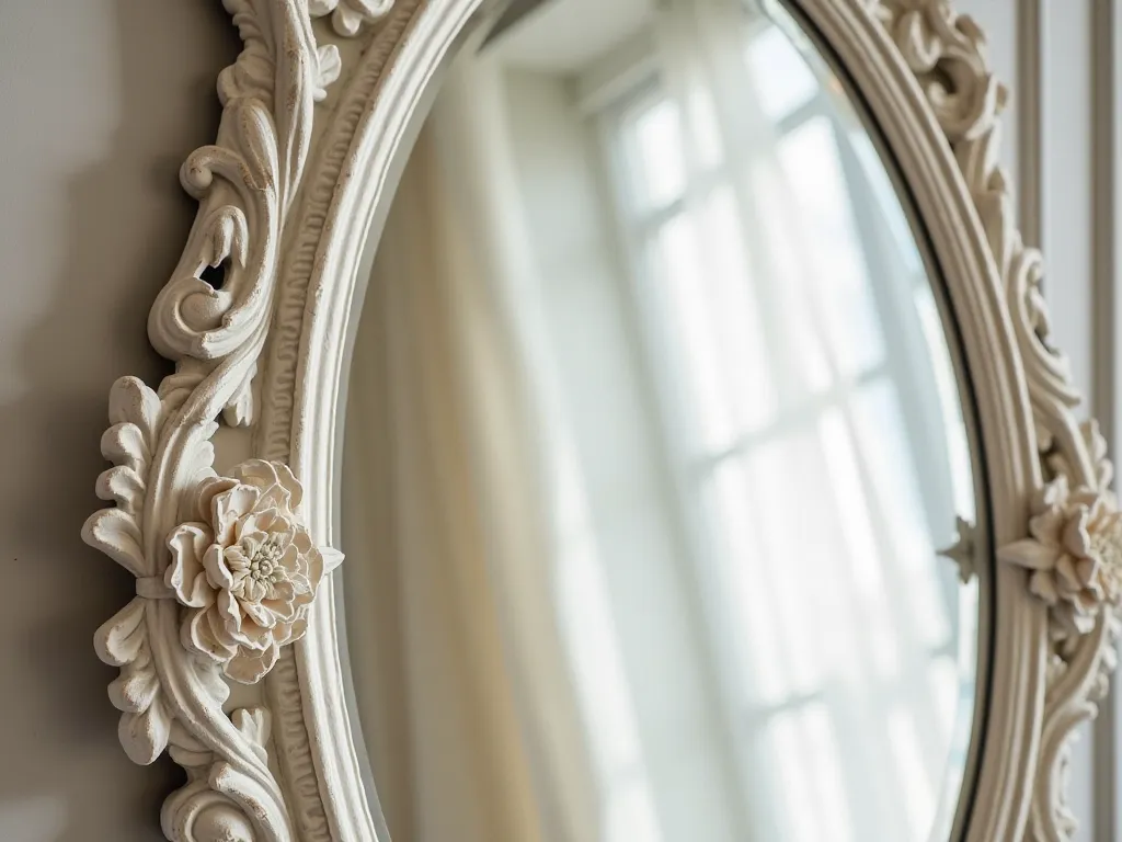 A close-up of an antique white mirror with intricate floral carvings, reflecting a softly lit room with linen curtains.