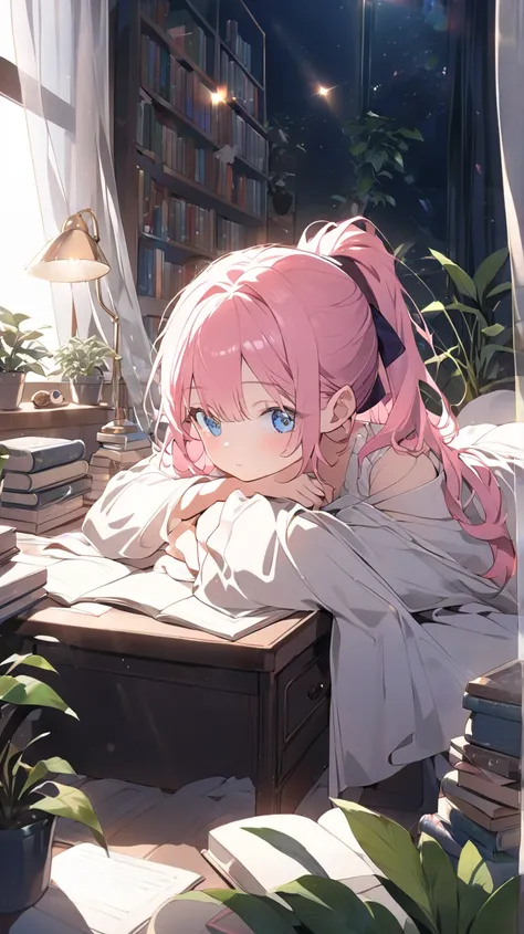 1 girl crouching,  moonlight 、room、Desk lamp、houseplants、curtains、 books、blue eyes, pink hair、ponytail for men、from above、dutch angle, glitter effect, lens flare, 