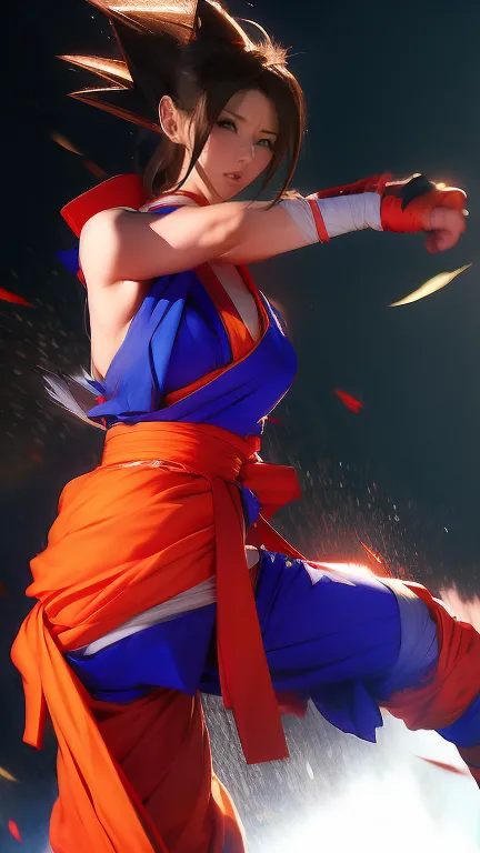  Goku Costume、long legs、Black Hair Fluttering in the Wind、glamorous、wears bandages on both hands、takes a martial arts stance、Also々Performance、thin waist