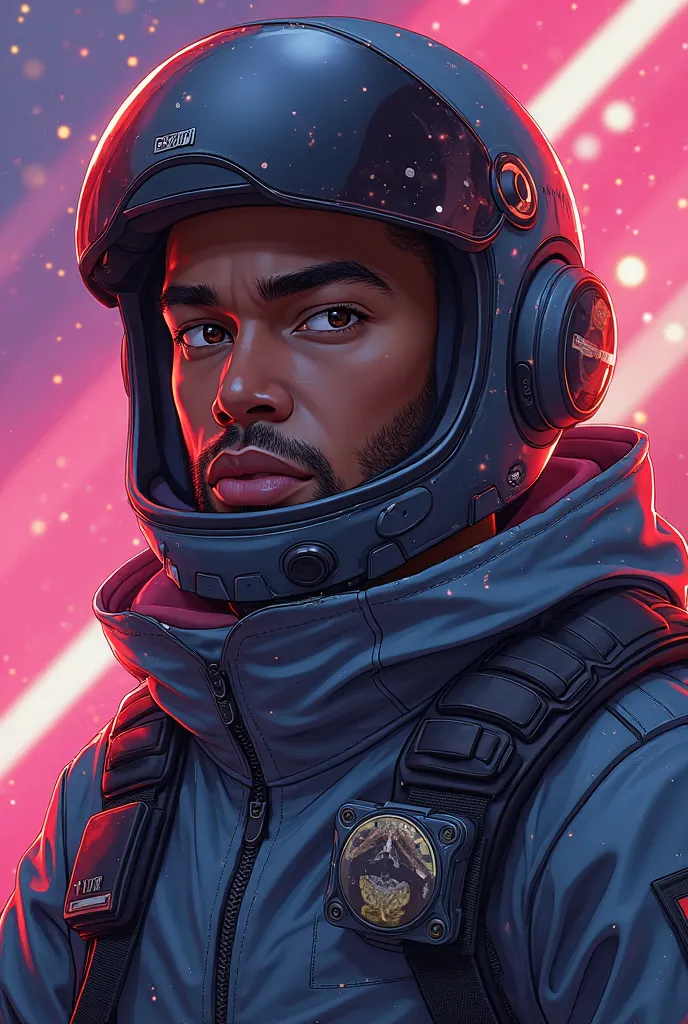 ISFP Twitch streamer, half African American male, athletic, short groomed beard, wearing flight suit and helmet, shaved head, gamer, dark brown eyes, Character Design, Anime Style