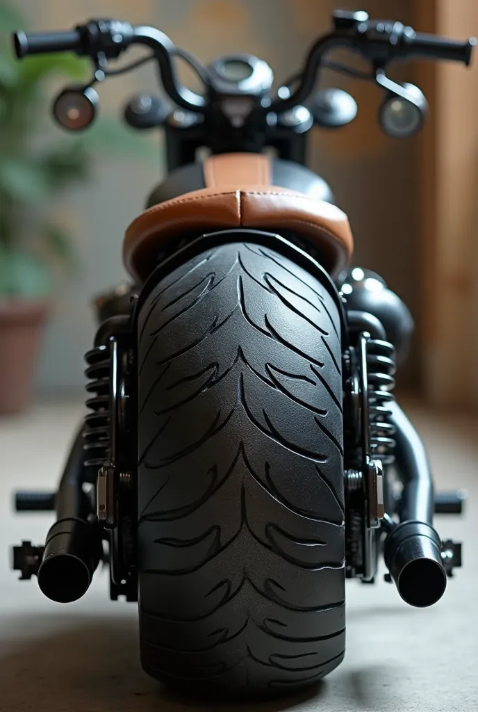 Generate image for the back of the cushion of a chopper motorcycle,Colin made of fiberglass or metal as a rear axle where does the stop stop go for the tall passenger's accent
